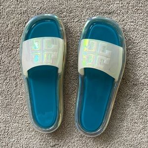 Tory Burch bubble slides in iridescent white and blue size 9- only worn once!